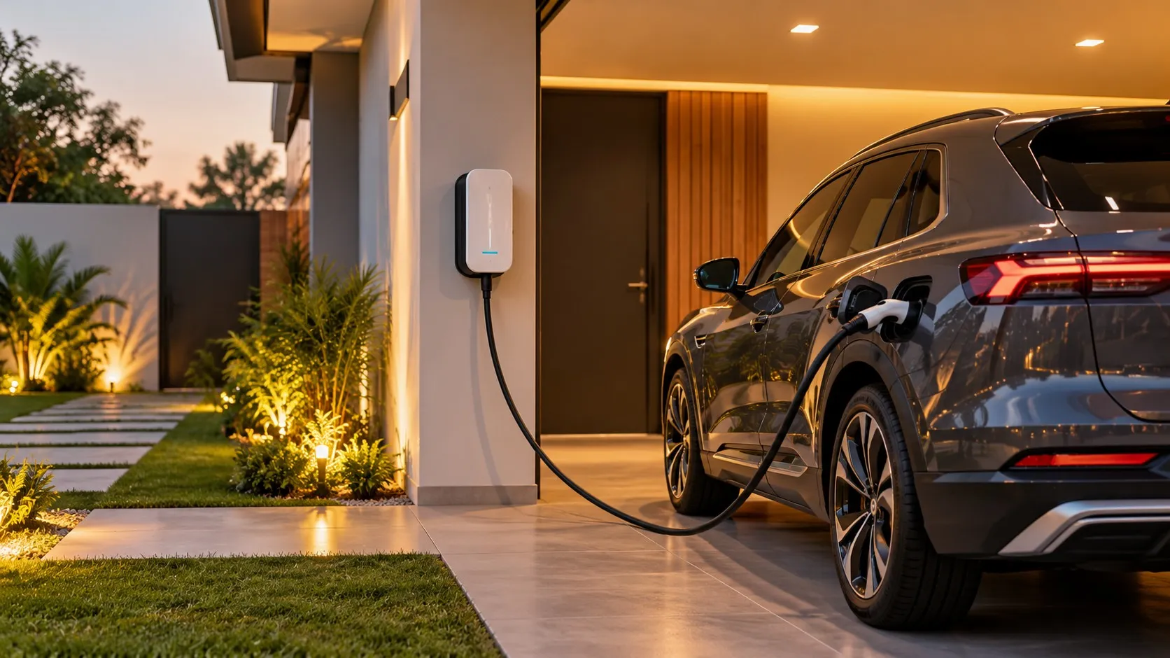 Carro elétrico carregando em um eletroponto na garagem de uma casa