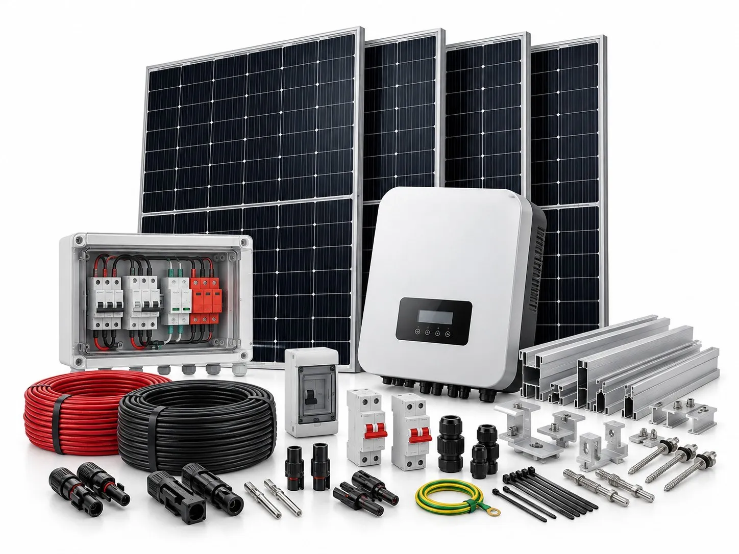 Kit fotovoltaico com painéis solares, inversor, cabos e estruturas de fixação